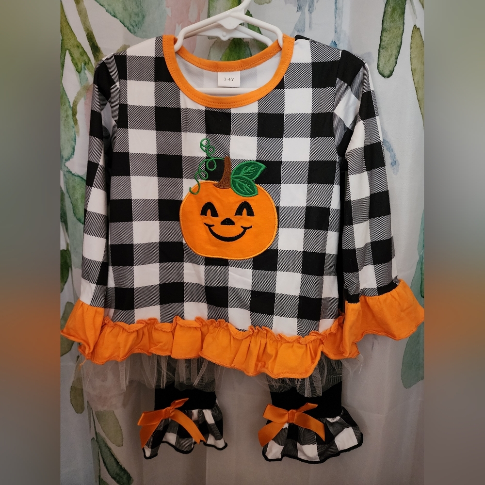 SHEIN 2 pc Halloween Pumpkin Jackolantern Check Buffalo Plaid outfit size 3T-4T